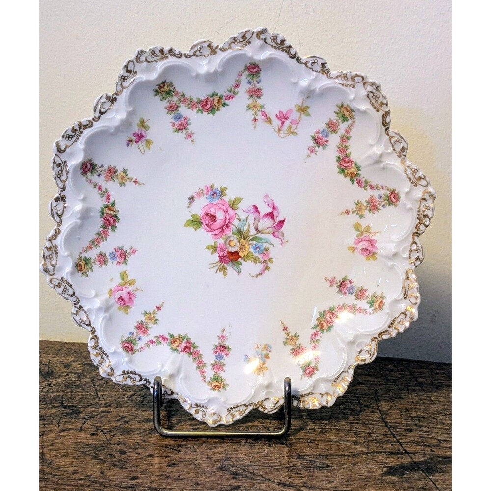Antique M Z Austria L S S Carlsbad Scalloped Salad Plate Pink Rose Swags 8"